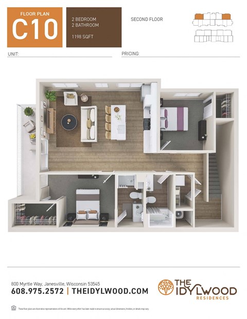 Floor plan for 2 beds, 2 baths, 1198 sqft